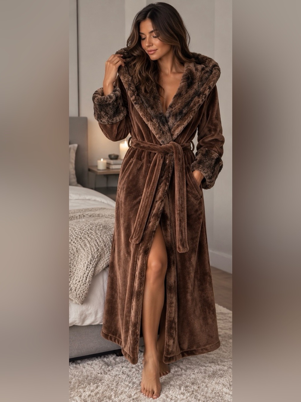 Guillaume Size S Chocolate Brown Faux Fur Hood and Cuffs Long Tie Fuzzy Robe